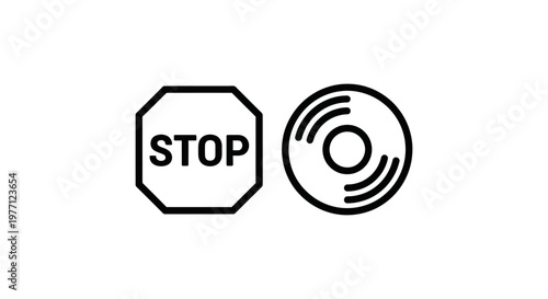 Black and white minimalist icons representing a stop warning sign and a digital storage compact disc or vinyl record symbol with octagonal software hardware component electronic illustration