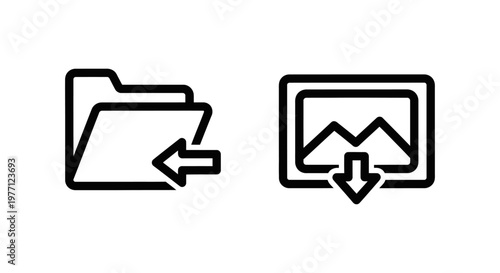 Digital media management icons representing file folder export and landscape image download or save functions for web interface with download landscape mountain management transfer interface