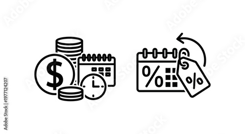 Annual billing and yearly discount pricing icons for membership plans and financial savings promotion with discount calendar percentage promotion business subscription schedule management