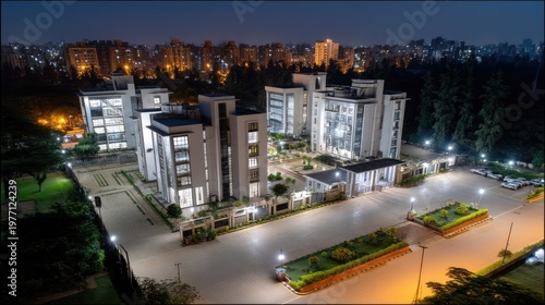 A business center is seen at night with surrounding buildings and traffic lights while the city skyline is visible in the background