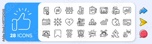 Solar panels, Survey results and Update data line icons. Interest rate, AI generate, Inflation icons. Pack of Demand curve, Calendar graph, Timer icon. Vector