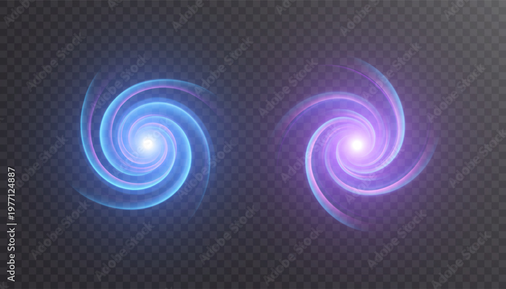 Naklejka premium Blue and purple glowing spiral vortex light effect on transparent background with bright core, soft luminous halo and smooth circular motion. Vector illustration.