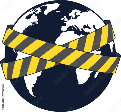 Global Restriction Concept Earth Wrapped with Warning Tape World Crisis Lockdown Illustration