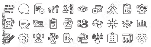 Survey, Report review line icons. Settings gear, Message, Inflation icons. Opinion, Customer satisfaction feedback and Test icons. Checklist review, Quiz and Business report symbols. Vector