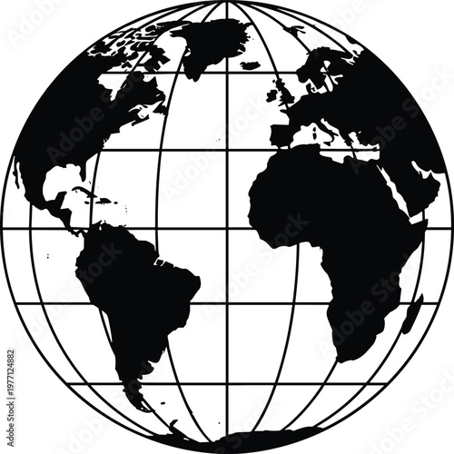 Black and white globe illustration with continents and latitude longitude lines, Earth geography world map vector design