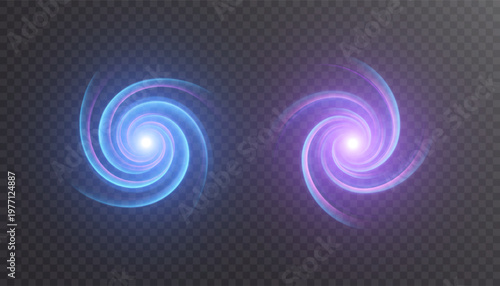 Blue and purple glowing spiral vortex light effect on transparent background with bright core, soft luminous halo and smooth circular motion. Vector illustration.