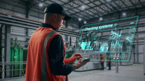 Technical Expert In Orange Safety Vest Assessing Digital Dashboards In Industrial Environment