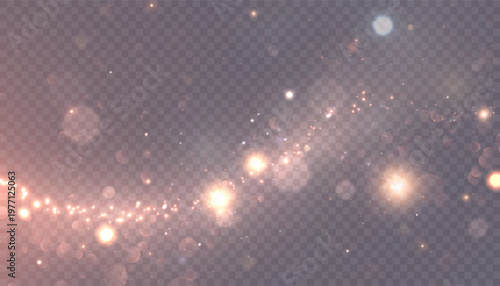 Golden glowing sparkle trail with bright bokeh lights isolated on transparent background. Warm luminous dust flow with soft radiant blur and festive shimmer.