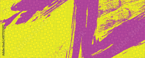 Neon Green and Pink Halftone Background with Bold Brush Strokes, Abstract Pop Art Grunge Texture