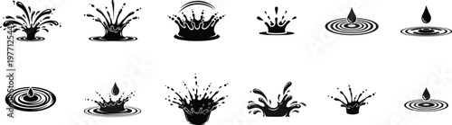A set of 12 black and white vector icons depicting various water splash and droplet effects in a minimalist style, isolated on white background