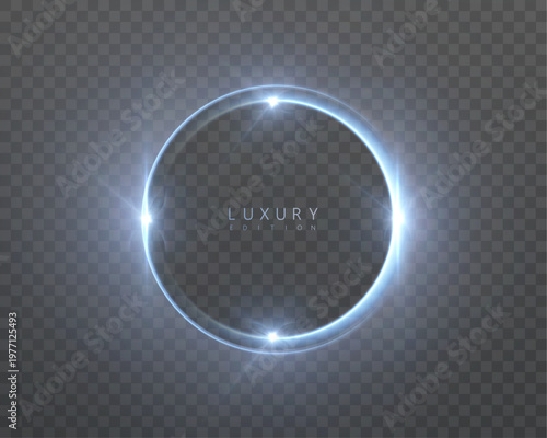 Blue glowing circular light ring isolated on transparent background. Vector luminous halo effect with sparkling highlights for luxury, futuristic and digital design.