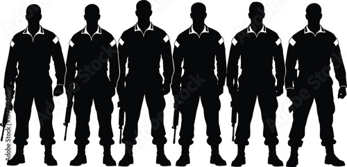 Black silhouette uniformed soldiers standing in line with rifles, disciplined military security personnel formation, flat vector illustration