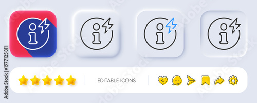 Power info line icon. Neumorphic, Flat shadow, 3d buttons. Electric energy information sign. Charge inform symbol. Line power info icon. Social media icons. Vector