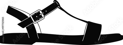 Black silhouette sandal footwear design with ankle strap buckle and toe strap, minimalist fashion shoe icon, flat vector illustration