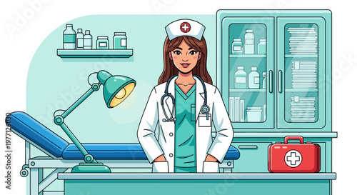 Nurse, medical professional, healthcare worker, cartoon doctor, clinic scene, vector illustration, white coat, nurse uniform, medical office, examination room