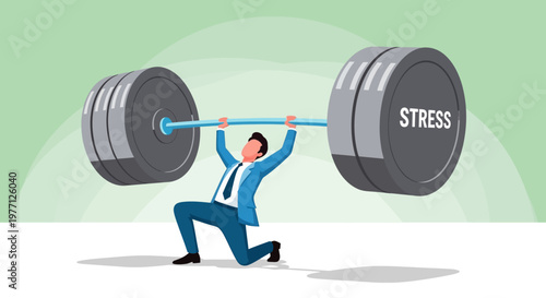 Businessman lifting heavy stress weight, struggling with pressure, office stress concept, weightlifting illustration, stress management