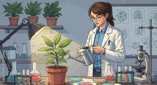 Botanist, laboratory setting, watering plant, scientist in lab coat, green leaves, potted plant, scientific equipment, lab bench, watering can, microscope, beakers, colorful liquids