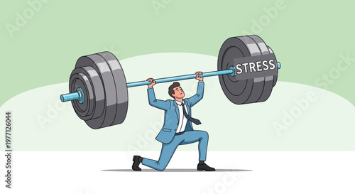 Businessman lifting heavy stress weight, struggling with pressure, office stress concept, cartoon illustration, vector graphics