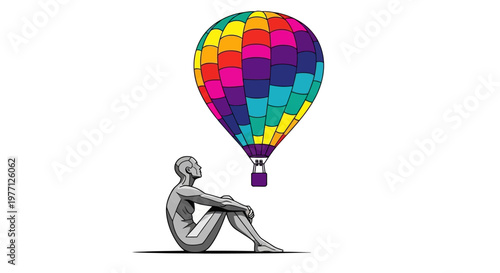Colorful hot air balloon, sitting man, vector illustration, whimsical design, travel concept