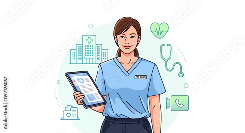 Medical professional, nurse, healthcare worker, woman, tablet, blue scrubs, vector illustration