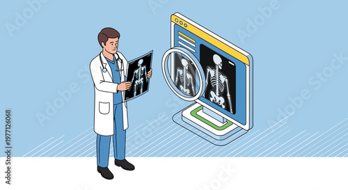 Medical professional, doctor analyzing x-ray, radiology scan on computer screen, healthcare illustration