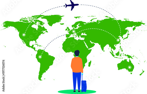 Global travel concept with airplane routes, world map illustration, tourist holding suitcase, international tourism, air connectivity, vacation planning, worldwide mobility, adventure journey