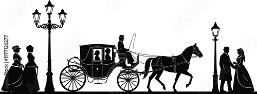 Vintage black and white horse drawn carriage street scene illustration, 19th century people, ornate lampposts, nostalgic historical transport, flat vector illustration