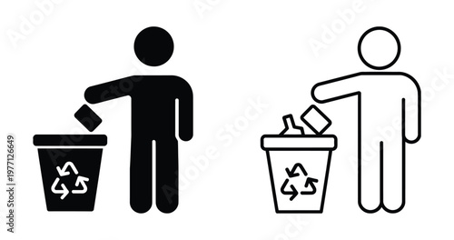 trash disposal icon figure dropping paper into waste receptacle. Recycling icons with people throwing away trash Vector illustration