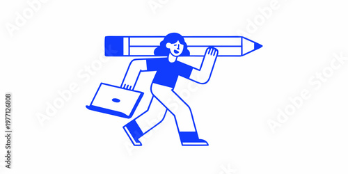 A woman carrying a large pencil and a laptop conceptual illustration