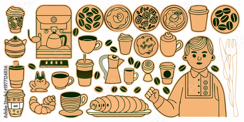A colorful illustration of coffee pastries and a barista character