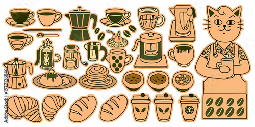 A whimsical collection of coffee pastries and a cat barista illustration