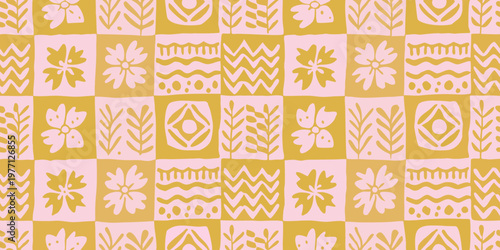 A repeating pattern of floral and abstract shapes in mustard and pink