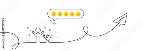 Winner cup line icon. Continuous line with share plane. Award trophy sign. Best achievement symbol. Five star rate review in speech bubble. Winner cup single line ribbon. Loop curve pattern. Vector
