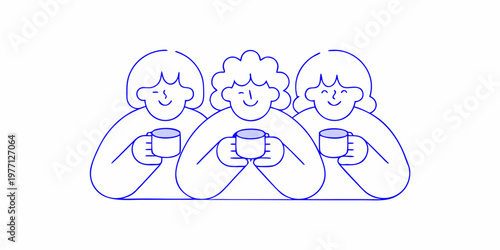 Three friends enjoying hot beverages together in a simple line drawing