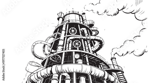 Steampunk Industrial Tower With Gears And Pipes Emitting Smoke For Science Fiction Concepts