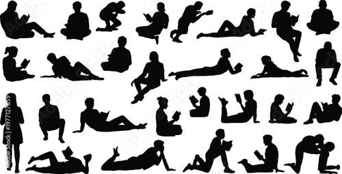 Black silhouettes of people reading sitting and lying down 