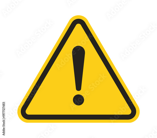 A bright yellow warning sign featuring a bold black exclamation point