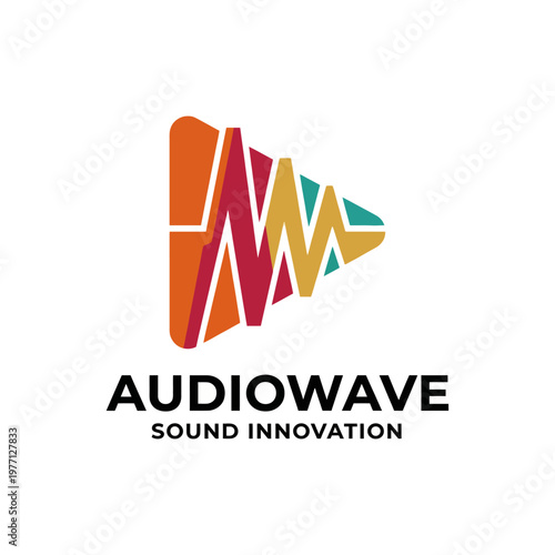 The Audiowave logo combines sound waves and play symbols, reflecting innovation in the audio industry with vibrant colors that evoke energy and creativity.