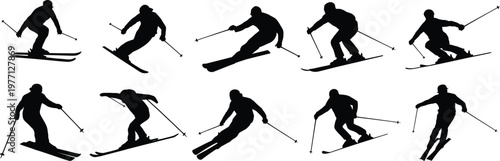 Black silhouettes of skiers in various poses on white skiing sports