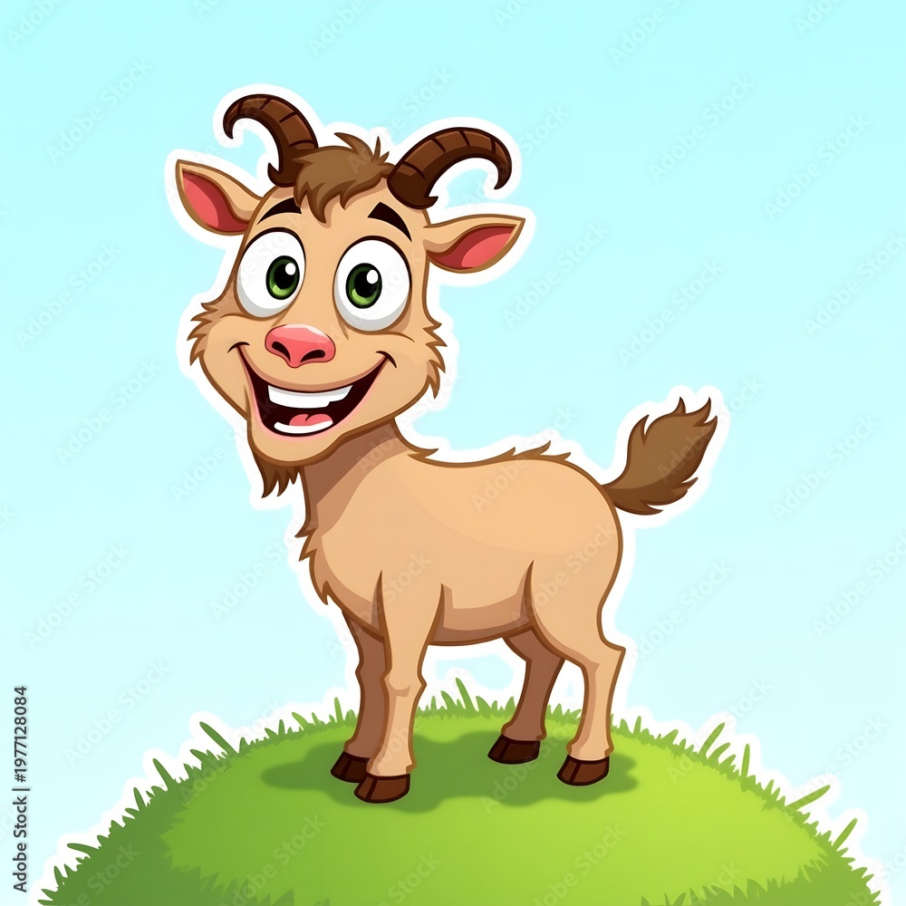 Fototapeta premium A cartoon goat standing on a green hill with a blue background