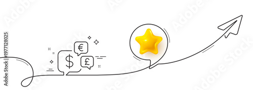 Money currency line icon. Continuous line with share plane. Cash exchange sign. Stock trade symbol. 3d star in speech bubble. Money currency single line ribbon. Loop curve pattern. Vector