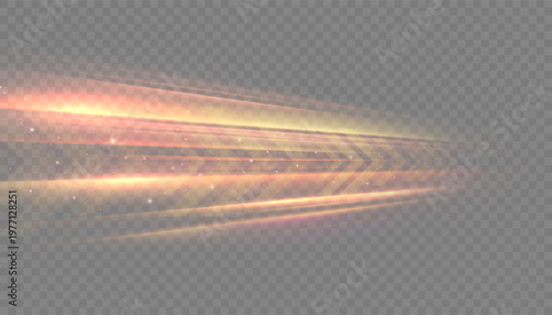 Glowing golden horizontal light streaks on transparent background with soft motion blur, sparkling particles and fast radiant energy flow.