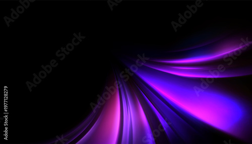 Purple curved speed flow background with glowing light ribbons on black. Futuristic vector motion effect with smooth luminous trails and dynamic depth.