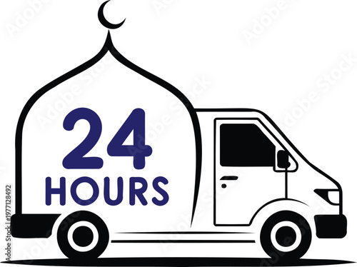 Delivery truck with 24 hours text on side and crescent on top  illustration