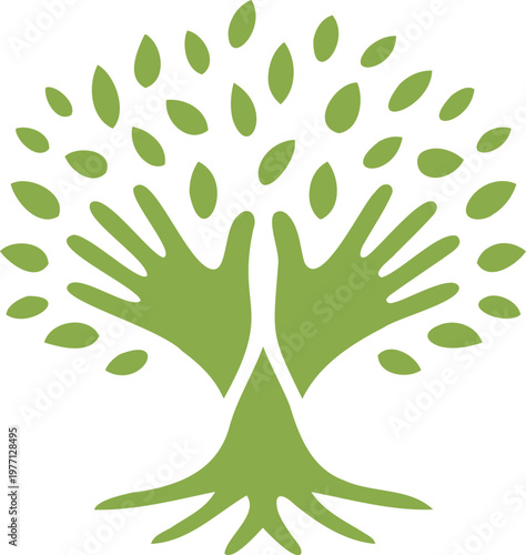 Green tree with hands forming trunk and leaves spreading outwards in all directions naturally