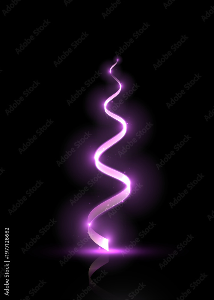 Obraz premium Vertical glowing purple light line with soft haze, smooth wavy path and bright base flare on black background. Vector magic energy trail for overlays, fantasy effects and digital design.