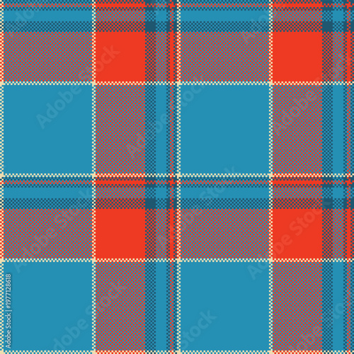 Woven check texture tartan, bold vector seamless pattern. Mature textile background fabric plaid in cyan and bright colors.