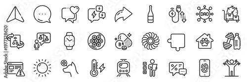 Pet shelter, Electricity power and Fan engine line icons pack. Share, Message, Paper plane icons. Fast delivery, Charging cable, Sunny weather web icon. Vector