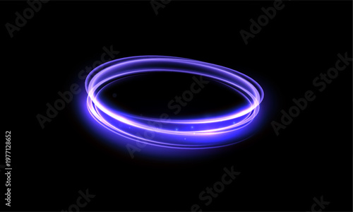 Glowing violet energy ring with soft neon halo and elliptical orbit shape on black background. Vector luminous circle effect for futuristic interfaces and digital design.