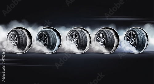 Five car tires spinning with smoke and motion blur.